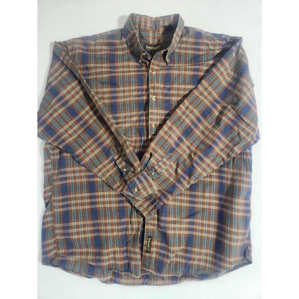 Timberland Men's Weathergear Long Sleeve Button Up Shirt Brown Checkered Sz XL